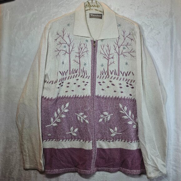 TanJay Petites Women Sweater Cardigan Embroidered Trees Leaves Winter Size M - Picture 1 of 11